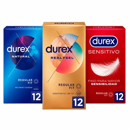 Durex Pack Preservativos Originais Natural Plus, 12 unid. + Sensitive Soft, 12 unid. + Real Feel, 12 unid.