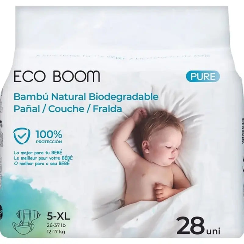 Fralda Eco Boom Bamboo Pure Xl 5, 28 unidades.