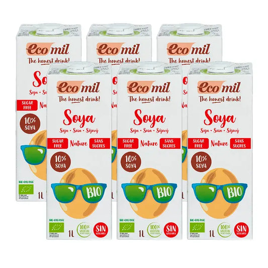 Bebidas vegetais Ecomil Soja biológica, embalagem de 6 x 1 litro