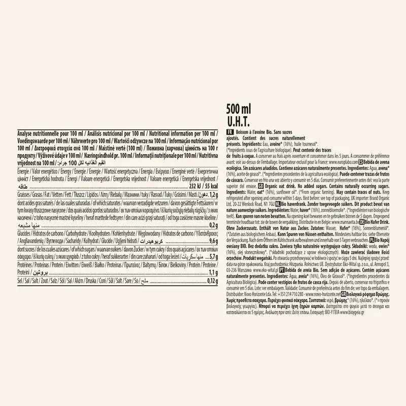 Ecomil Aveia Sem Açúcares Adicionados Bio , 500 ml