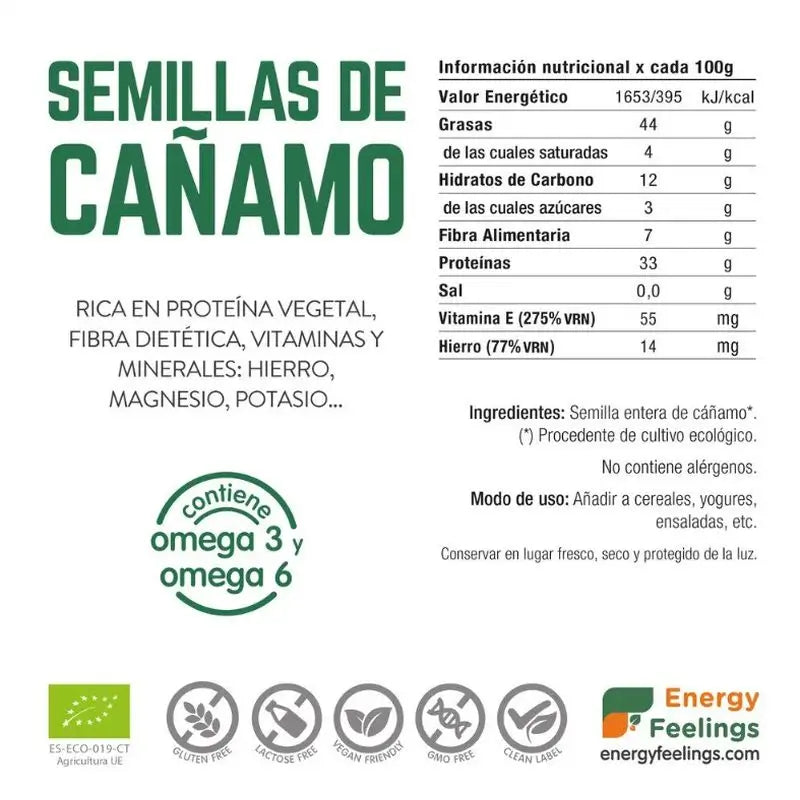 Energy Feelings Semente de Cânhamo 500Gr. Eco Vegan Sg** Energy Feelings Semente de Cânhamo 500Gr.