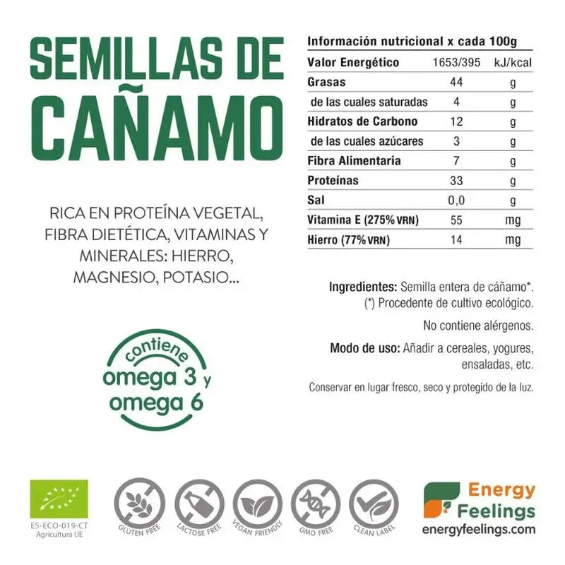 Sementes de Cânhamo Energy Feelings 1Kg. Eco Vegan Sg