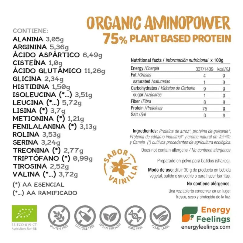 Energy Feelings Aminopower Orgânico 77% Baunilha 500Gr Eco Vegan Sg