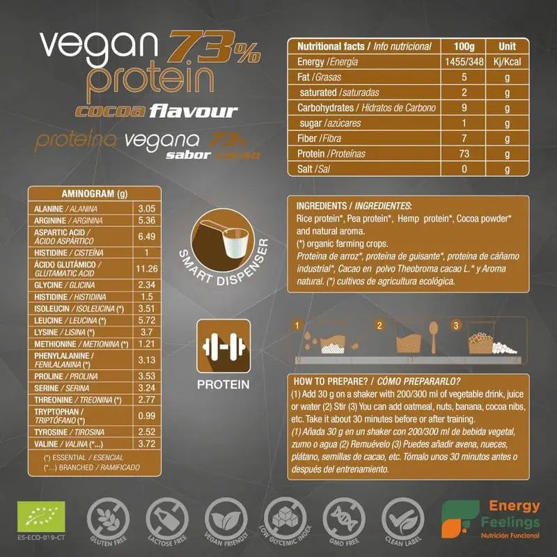 Energy Feelings Proteína Vegana 70% Cacau 1,5Kg. Eco Vegan**