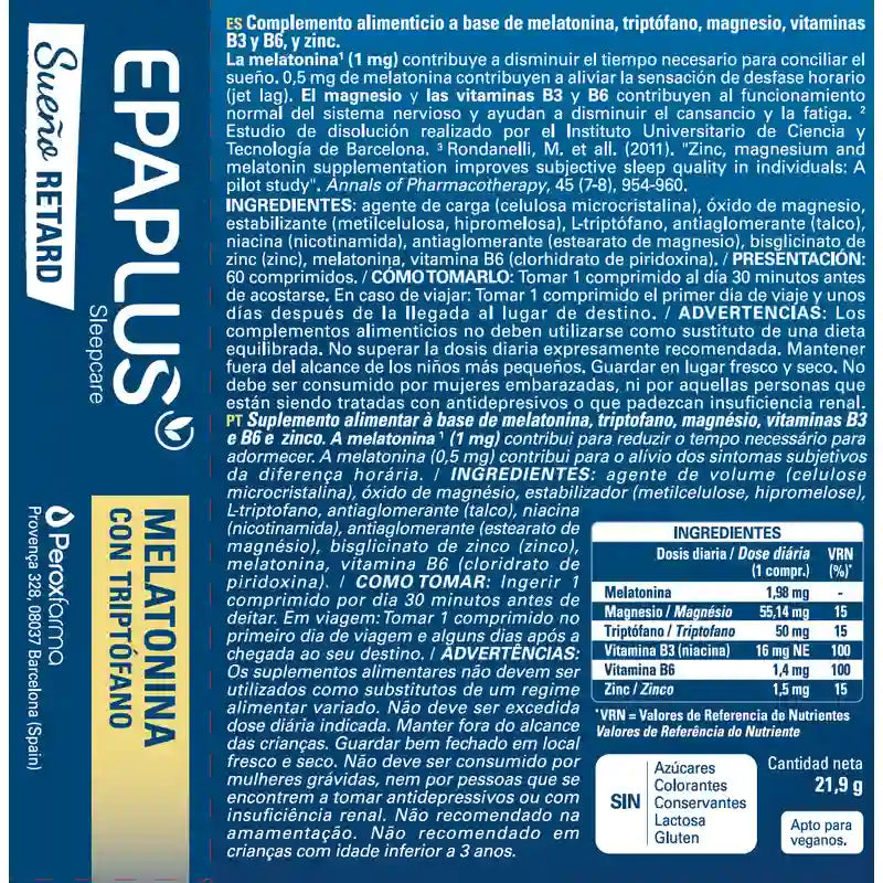 Epaplus Sleepcare Melatonina Retard com Triptofano Plus , 60 comprimidos