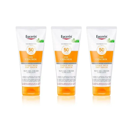 Eucerin Gel Creme Solar Toque Seco Controlo do Óleo Corporal SPF 50+, 3X200 Ml