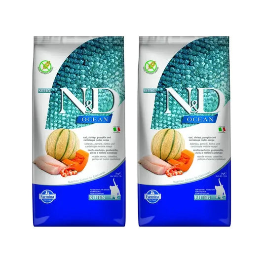Farmina N&D Cat Kitten Bacalhau Oceano Abóbora 5Kg, Ração para Gatinhos, Embalagem de 2