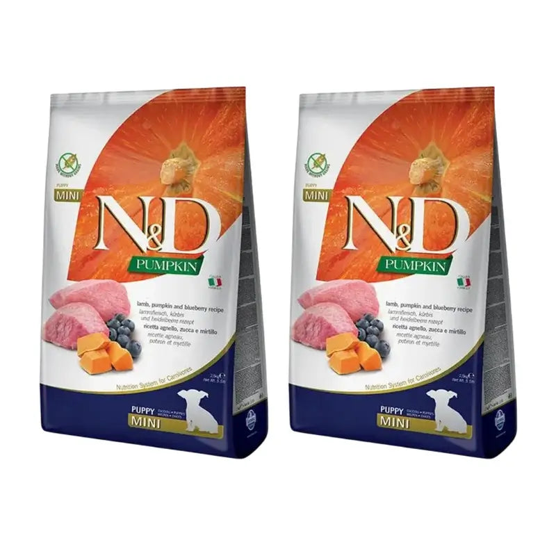 Farmina N&D Dog Puppy Pumpkin Pumpkin Mini Lamb 7Kg, Ração para cachorros, Embalagem de 2