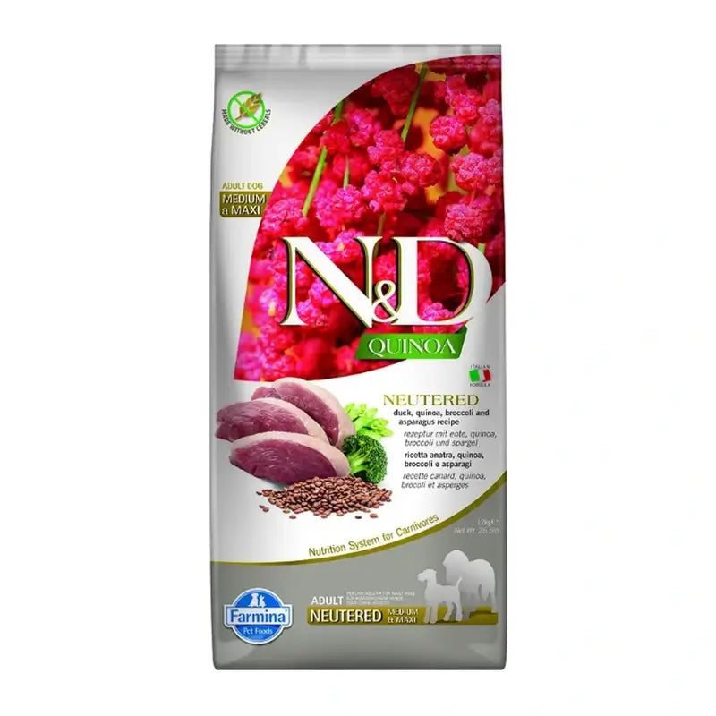Farmina N&D Dog Quinoa Neutered Neutered Duck Medium Maxi 12Kg, alimento para cães