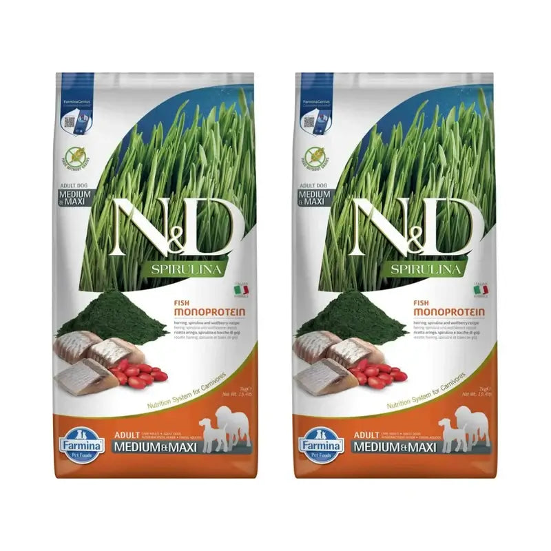 Farmina N&D Dog Spirulina Medium Maxi Herring 7Kg, embalagem de 2