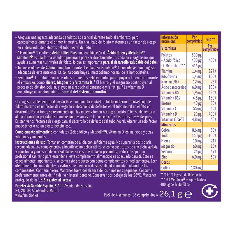 Femibion 1 Primeiro Trimestre de Gravidez, Semanas 1-12, Ácido Fólico Plus, 2X28 Comprimidos
