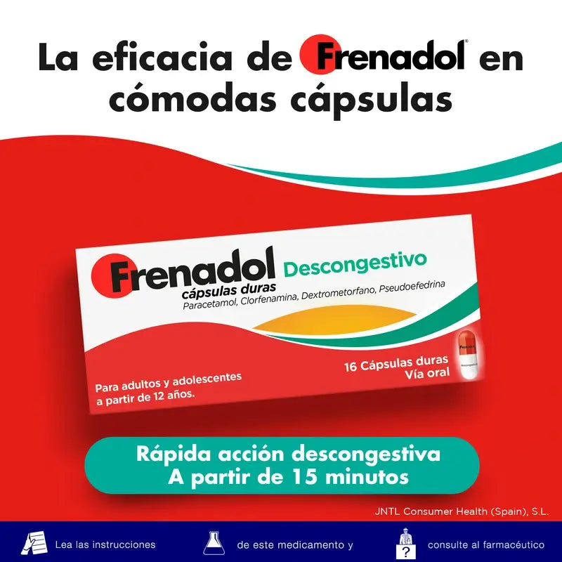 FRENADOL® Descongestionante da gripe, Via oral, 16 cápsulas