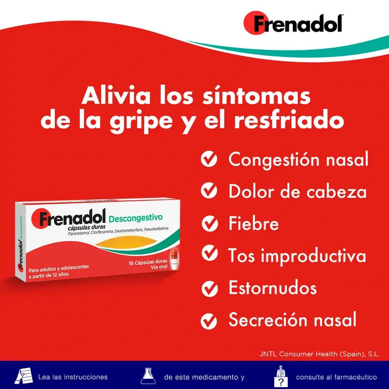 FRENADOL® Descongestionante da gripe, Via oral, 16 cápsulas