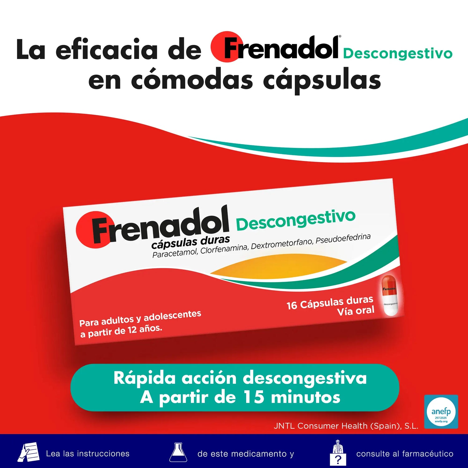 FRENADOL® Descongestionante da gripe, Via oral, 16 cápsulas