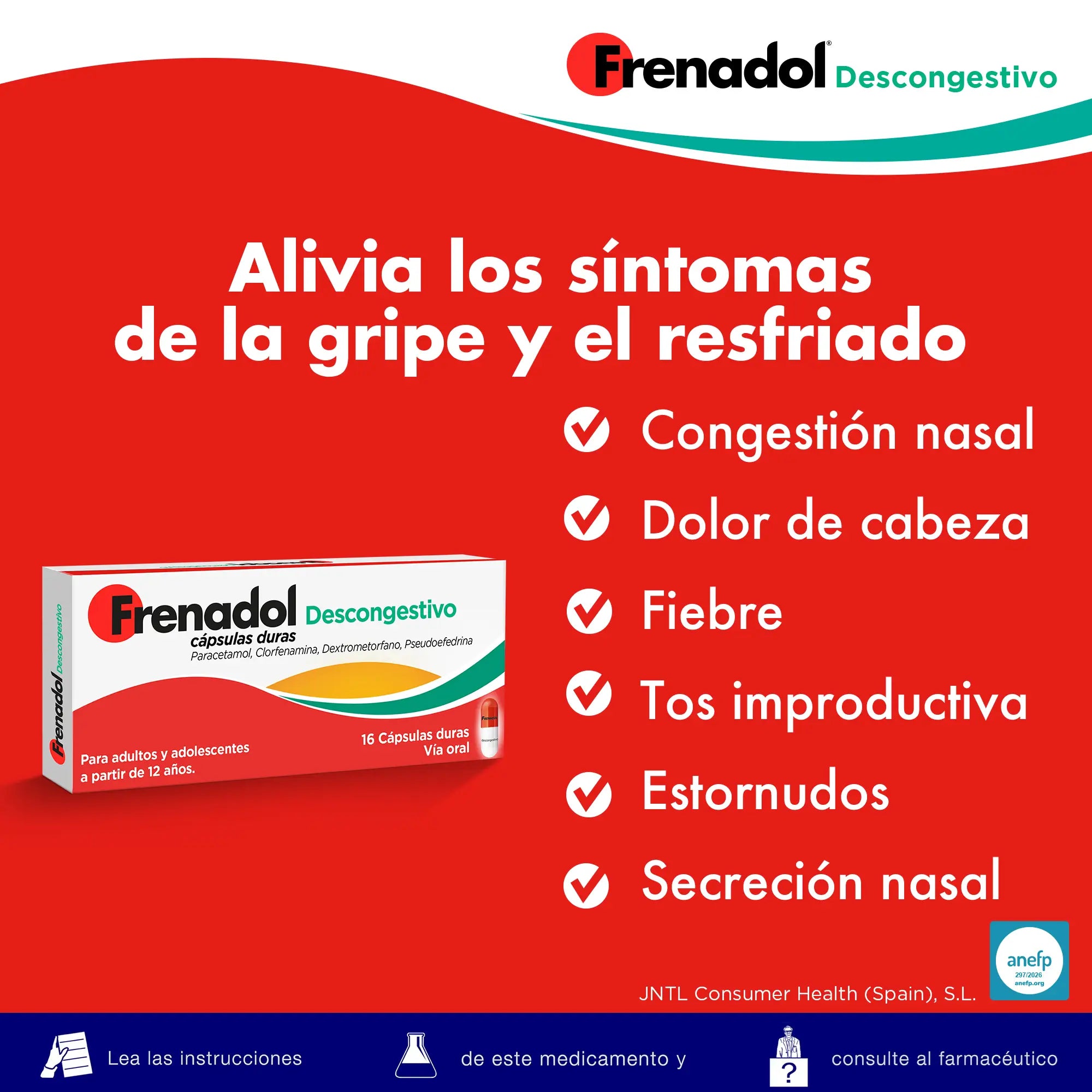 FRENADOL® Descongestionante da gripe, Via oral, 16 cápsulas