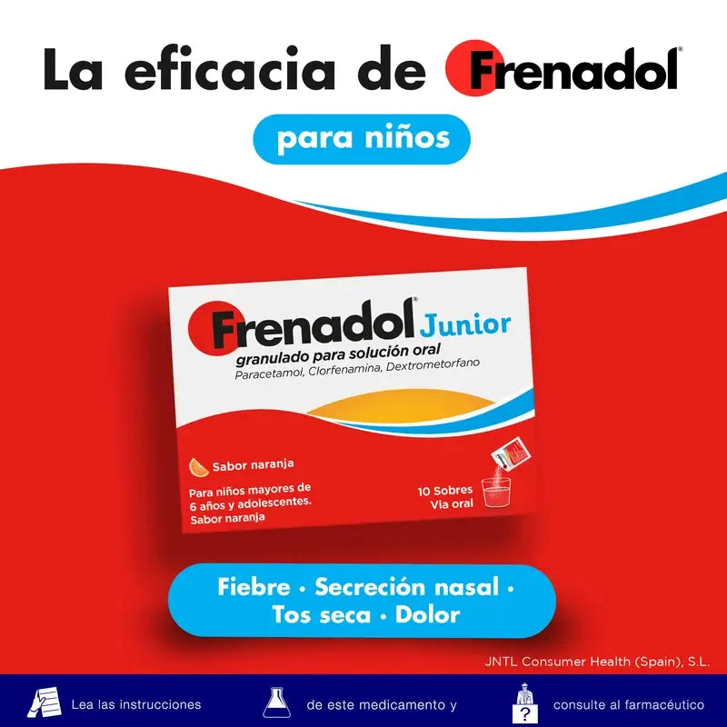 Frenadol Junior Flu Relief, Alívio sintomático das constipações e gripes, Crianças, Sabor a laranja, Via oral, 10 saquetas