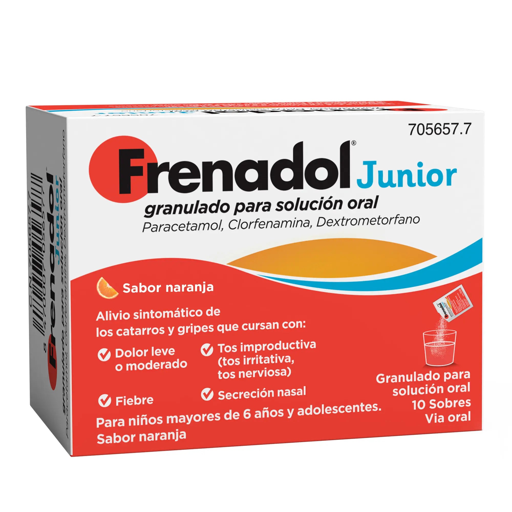 Frenadol Junior Alívio da Gripe para Crianças, Sabor a Laranja, Via oral, 10 saquetas
