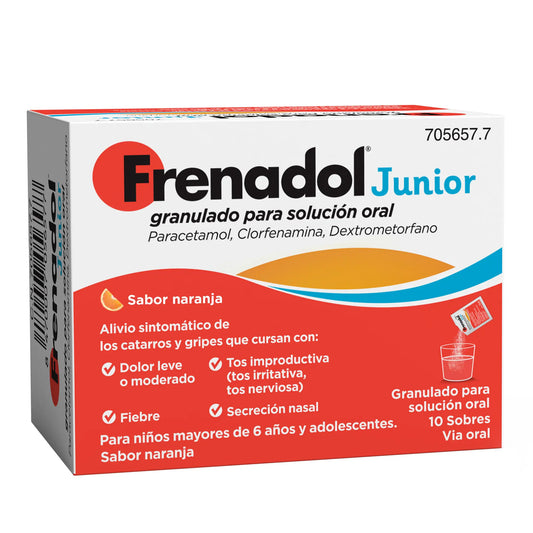 Frenadol Junior Alívio da Gripe para Crianças, Sabor a Laranja, Via oral, 10 saquetas