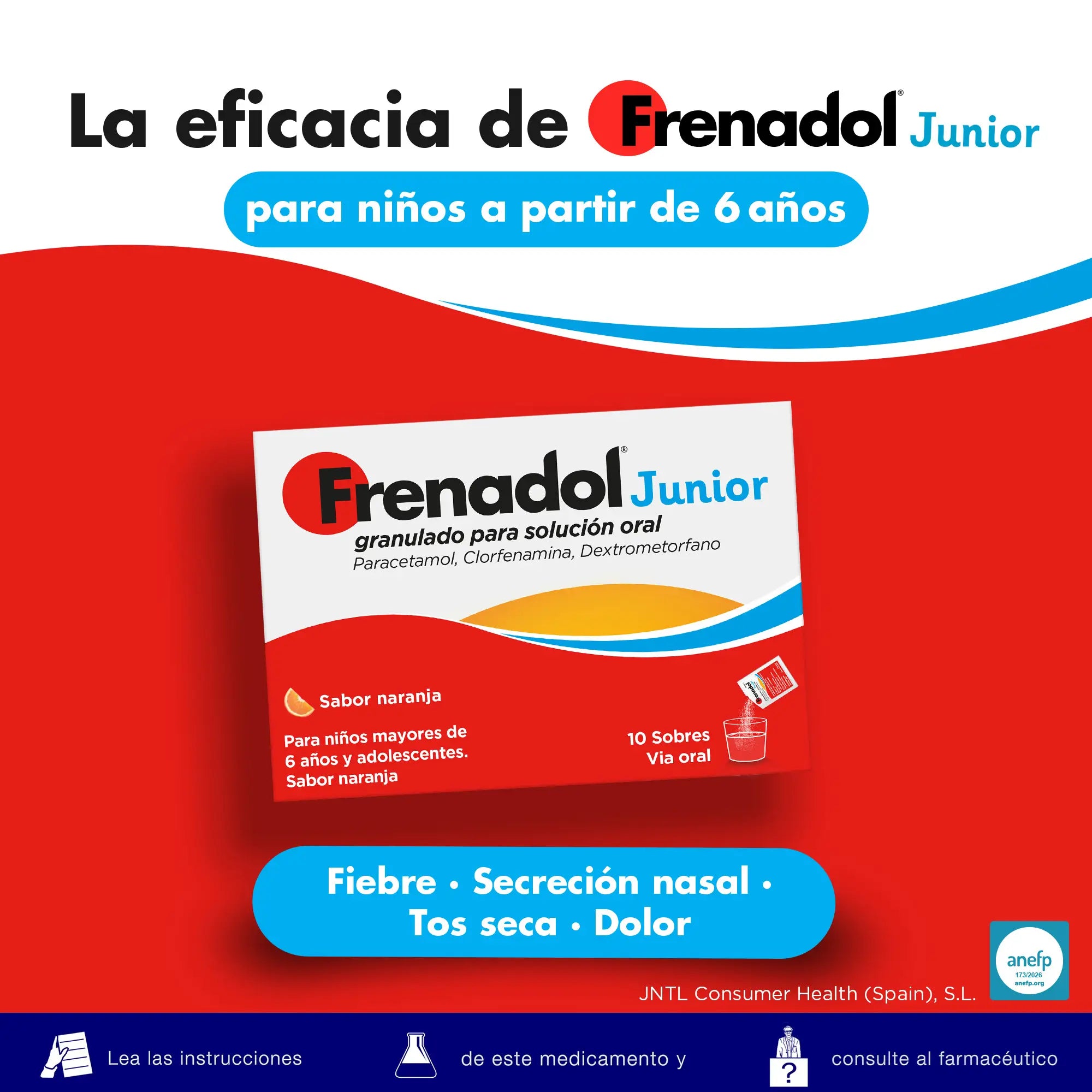 Frenadol Junior Alívio da Gripe para Crianças, Sabor a Laranja, Via oral, 10 saquetas