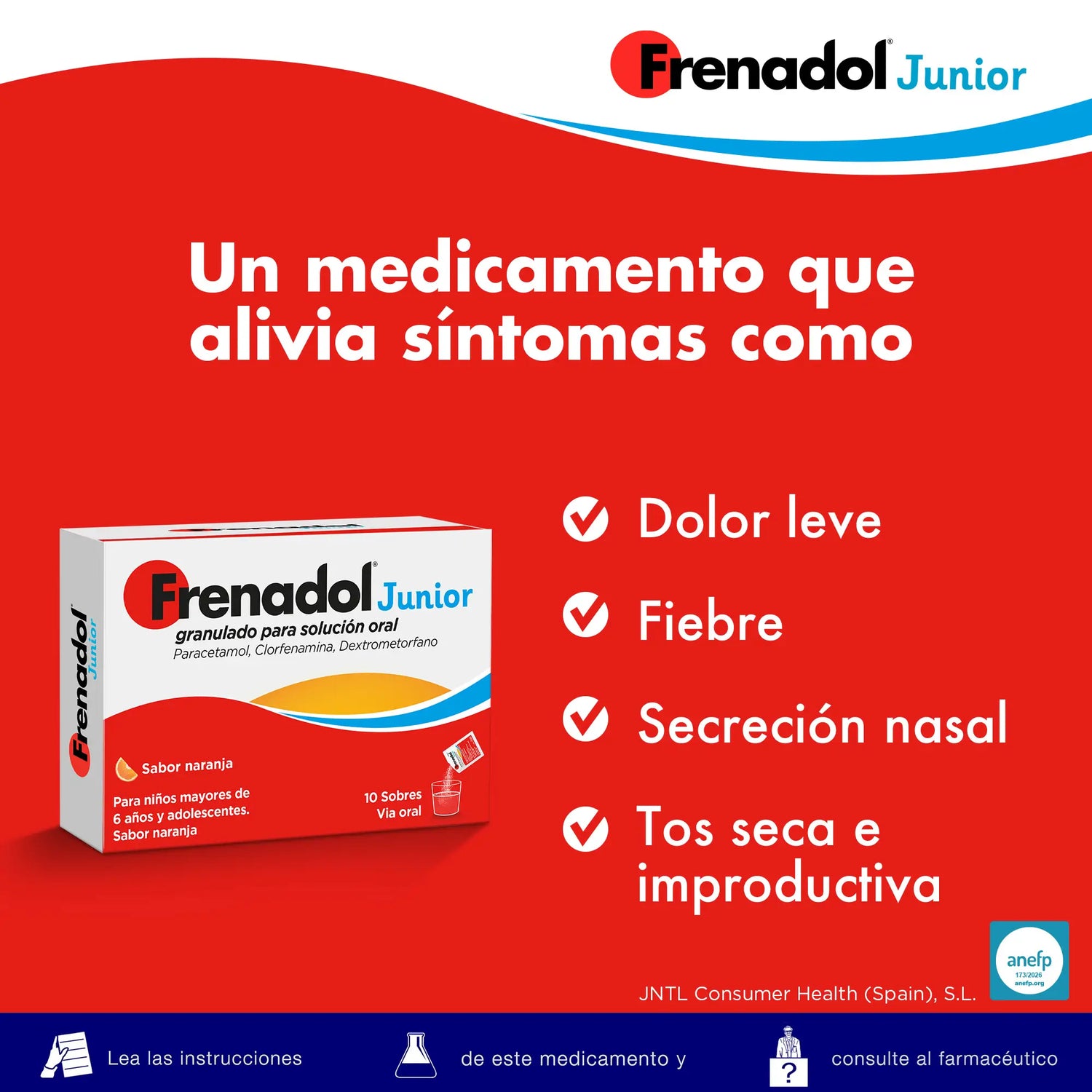 Frenadol Junior Alívio da Gripe para Crianças, Sabor a Laranja, Via oral, 10 saquetas