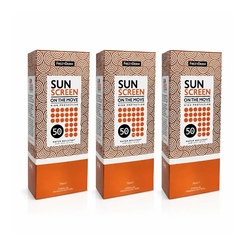Frezyderm Protetor Solar Em Movimento Alta Proteção FPS 50 Embalagem 3 x 75 Ml