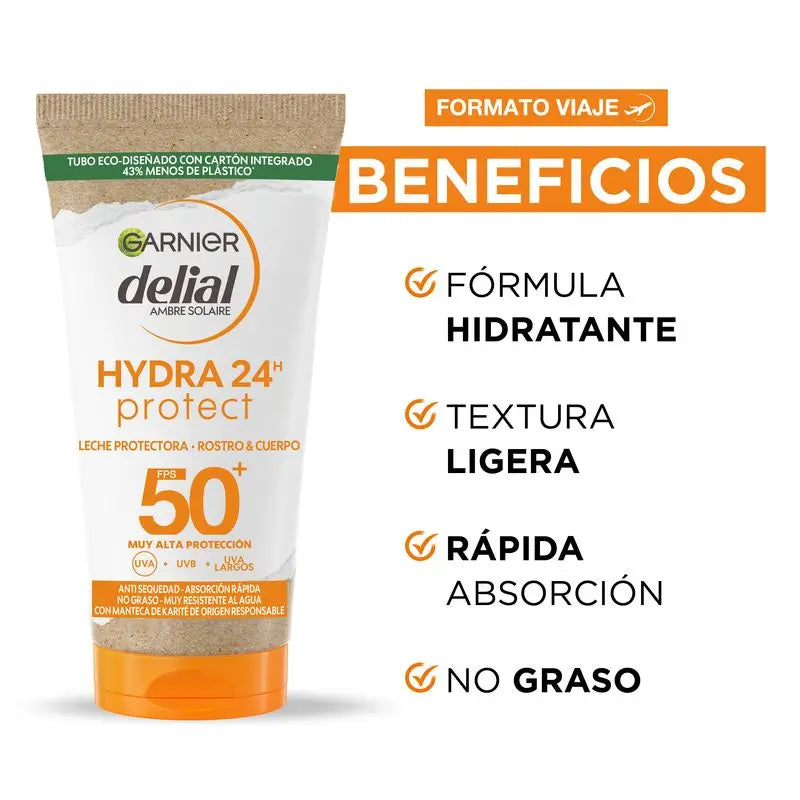 Garnier Delial Leite Protetor SPF 50+ e SPF 30 Hydra 24 Protect Resistente à Água com Manteiga de Karité Sustentável , 50 ml