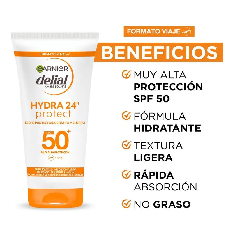 Garnier Delial Leite Protetor SPF 50+ e SPF 30 Hydra 24 Protect Resistente à Água com Manteiga de Karité Sustentável , 50 ml