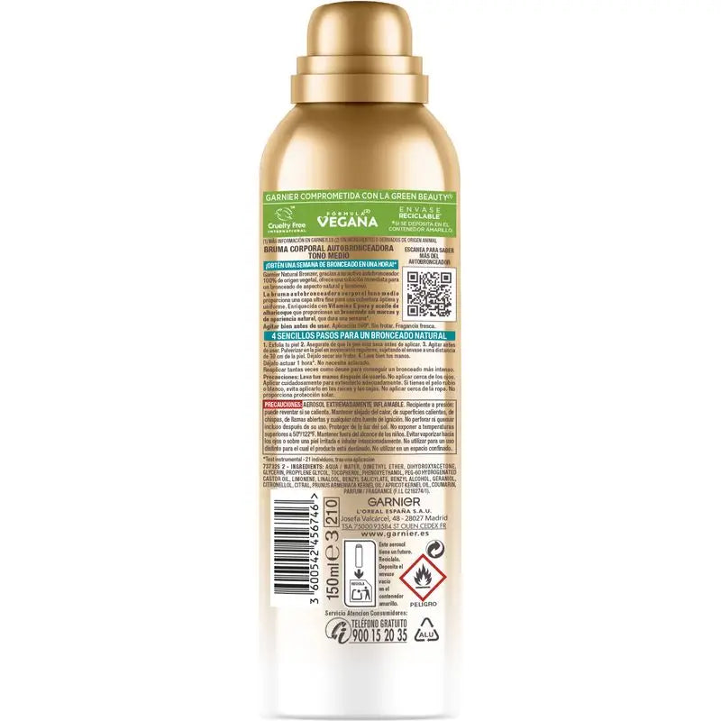 Garnier Delial Natural Bronzer Névoa Autobronzeadora com Óleo de Alperce para Corpo e Rosto, 150 ml