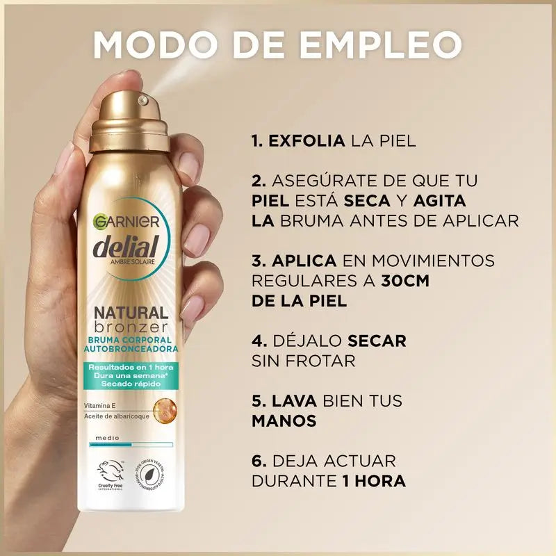 Garnier Delial Natural Bronzer Névoa Autobronzeadora com Óleo de Alperce para Corpo e Rosto, 150 ml