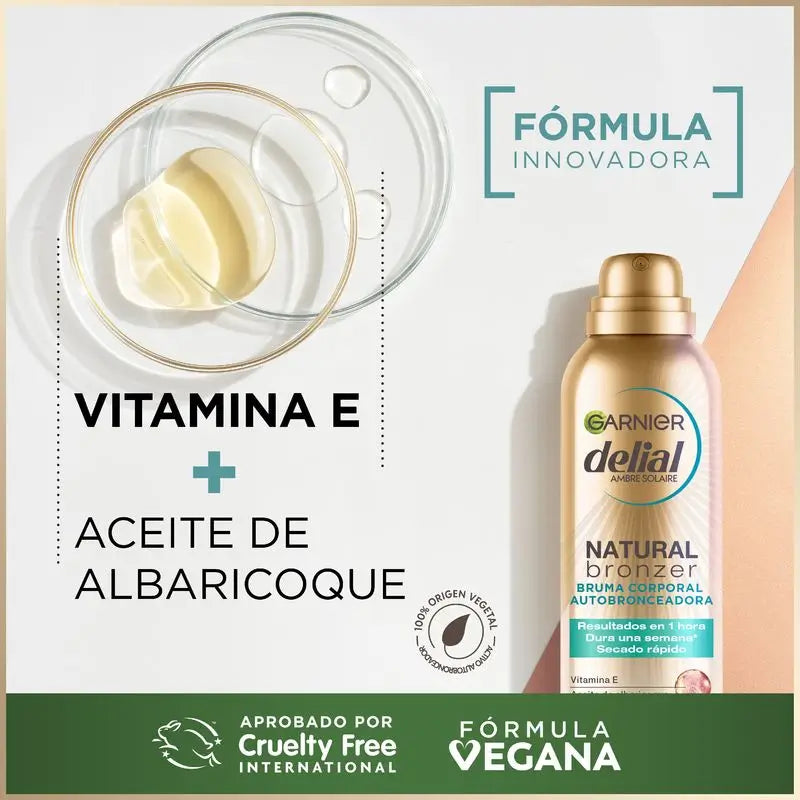 Garnier Delial Natural Bronzer Névoa Autobronzeadora com Óleo de Alperce para Corpo e Rosto, 150 ml