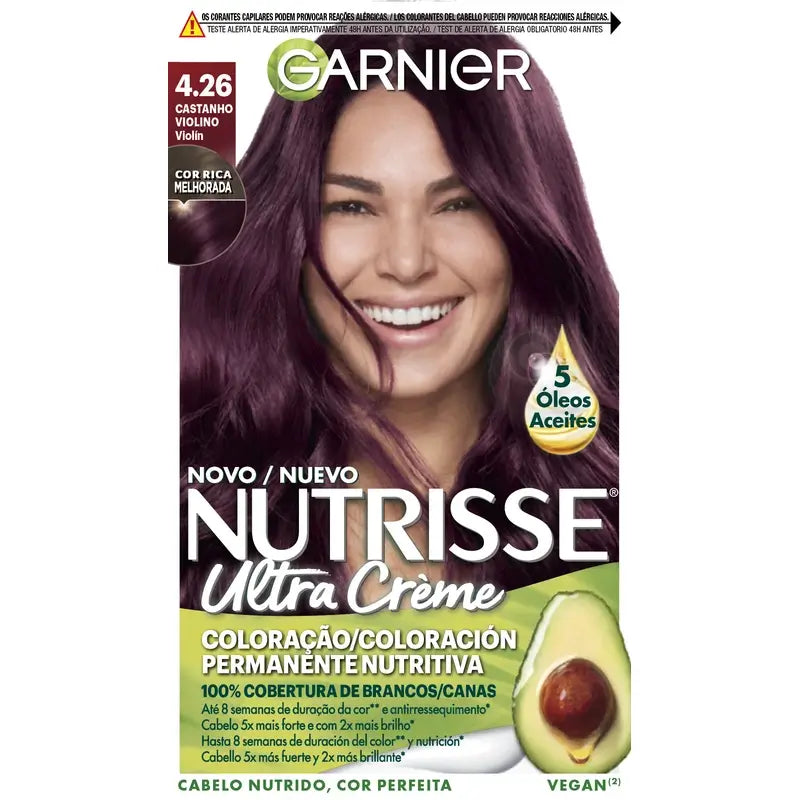 Garnier Nutrisse Cobertura de Cabelos Grisalhos com Máscara Nutritiva Tom 4.26 Castanho Violino , 160 ml