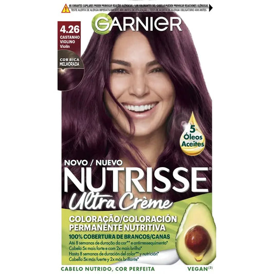 Garnier Nutrisse Cobertura de Cabelos Grisalhos com Máscara Nutritiva Tom 4.26 Castanho Violino , 160 ml
