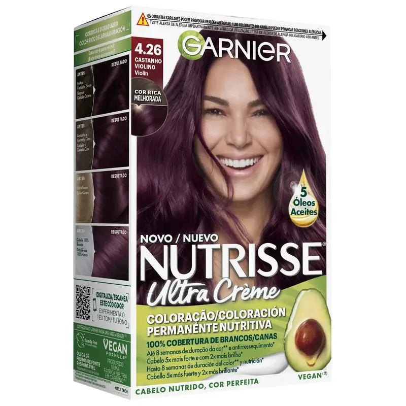 Garnier Nutrisse Cobertura de Cabelos Grisalhos com Máscara Nutritiva Tom 4.26 Castanho Violino , 160 ml