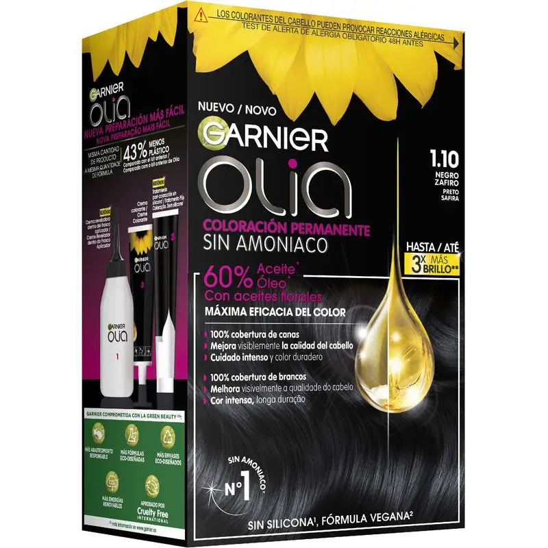 Garnier Olia Coloração Permanente sem amoníaco: sapphire black 1.1, óleos florais de origem natural, aroma agradável