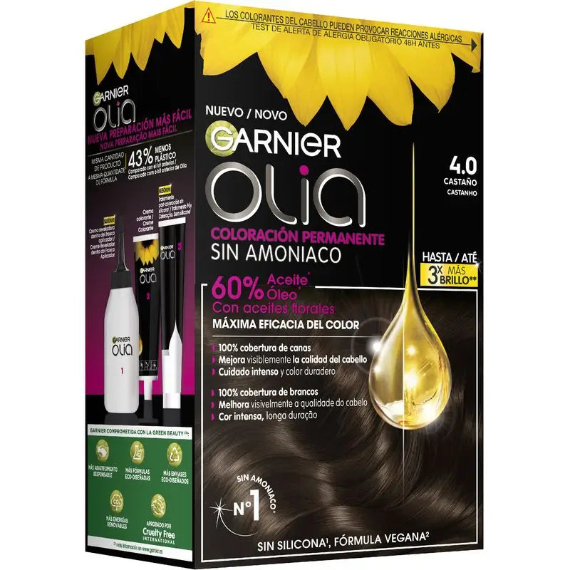 Garnier Olia Coloração Permanente sem amoníaco: castanho 4.0, óleos florais, aroma agradável