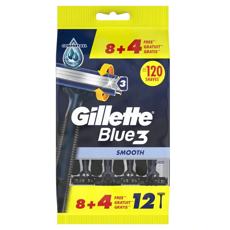 Gillette Blue3 Smooth 8+4 Lâminas de barbear descartáveis para homem, cabeça giratória de 40° e fita lubrificante, 12 unidades.