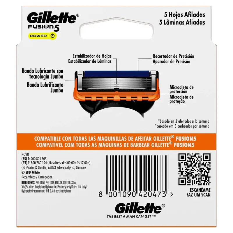 Gillette Fusion5 Power, recarga de lâmina de barbear, 8 unid.