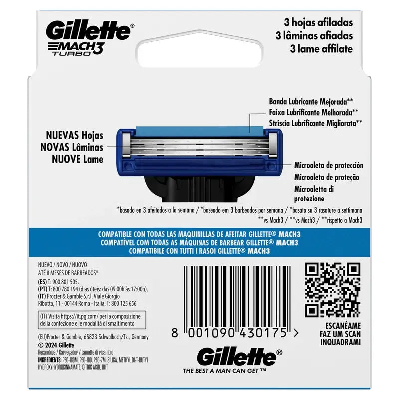 Gillette Mach3 Turbo Men's, 8 Recargas