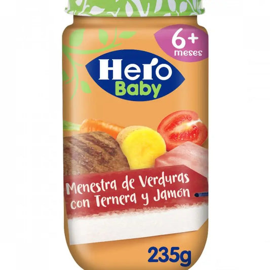 Frasco de sopa de legumes Hero Baby com carne e fiambre, 235g