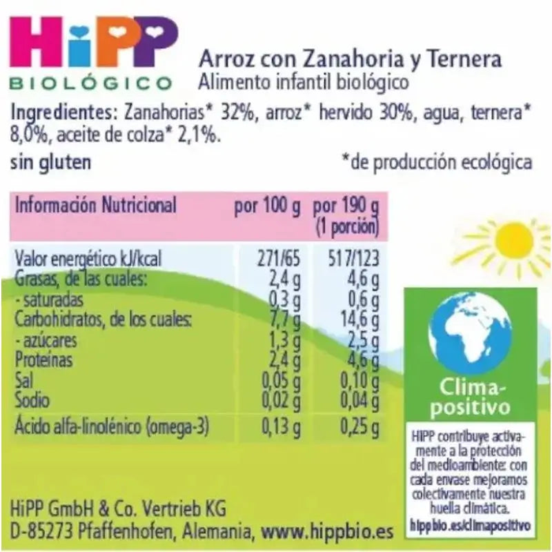 Taças de arroz com cenoura e carne de vaca Hipp Organic, 190 G