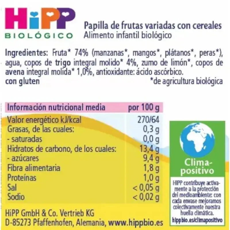 Frasco de fruta variada e cereais Hipp Organic, 190 G