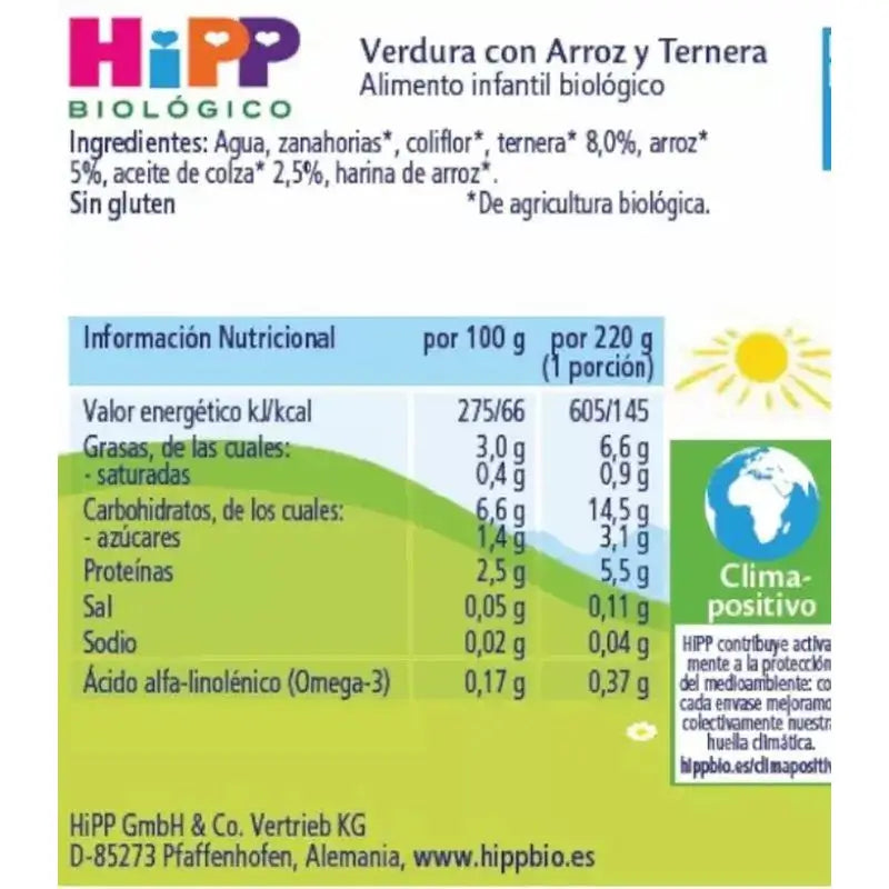 Hipp Organic Beef & Rice Tarte de legumes com arroz, 220 G