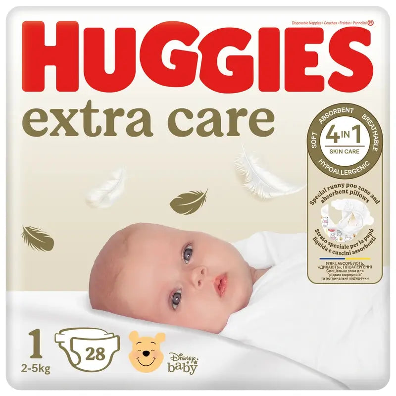 Fralda Huggies Extra Care Tamanho 1 (3-5Kg) , 28 unidades.