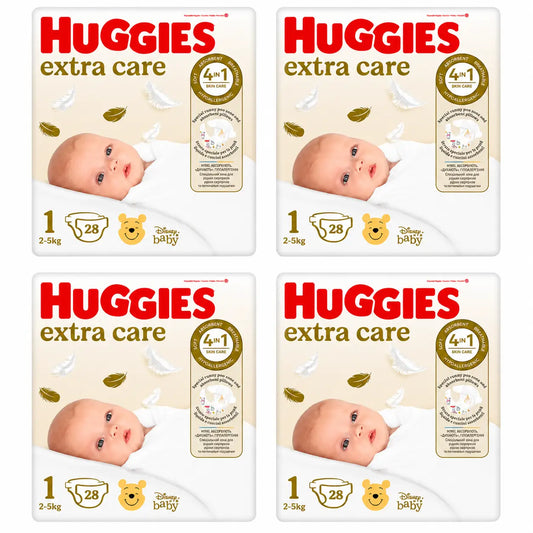 Fralda Huggies Extra Care Tamanho 1 (2-5 Kg) Disney Baby, 28 unidades, embalagem com 4
