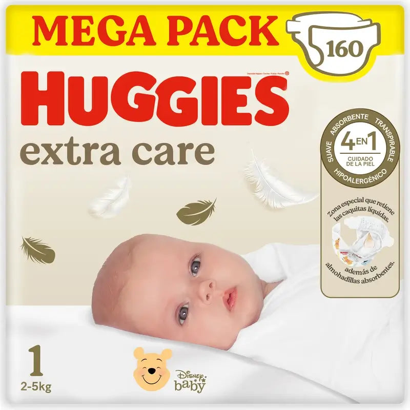 Fralda para Bebé Huggies Extra Care Tamanho 1 (3-5 Kg) Fralda para Bebé Disney, 160 unidades.