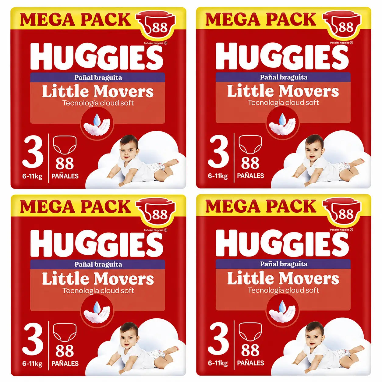 Huggies Little Movers Tamanho 3 (6-11 Kg) Fraldas Disney para Bebés , 88 unidades, embalagem 4