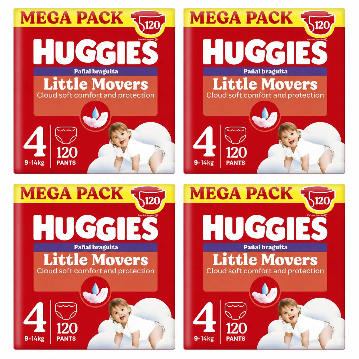 Huggies Little Movers Tamanho 4 (9-14 Kg) Fraldas Disney para Bebés, 120 unidades, embalagem de 4