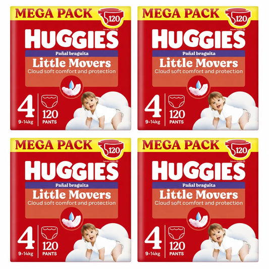 Huggies Little Movers Tamanho 4 (9-14 Kg) Fraldas Disney para Bebés, 120 unidades, embalagem de 4