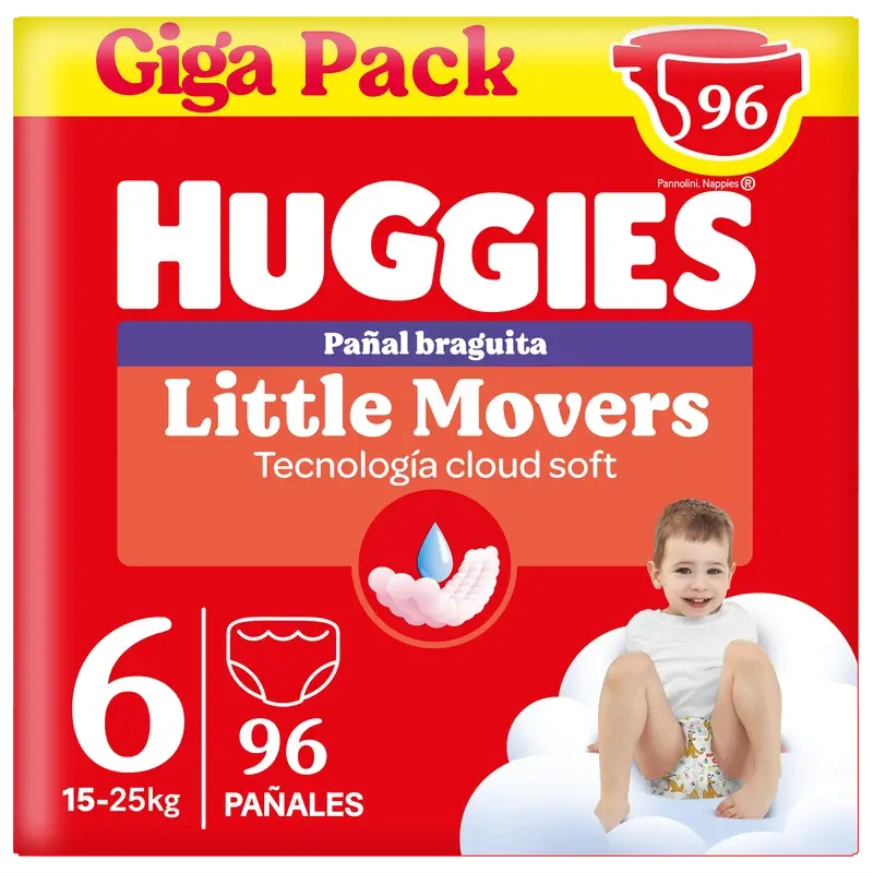 Cuecas Huggies Little Movers Tamanho 6 (15-25 Kg) Fraldas Disney para Bebés , 96 unidades
