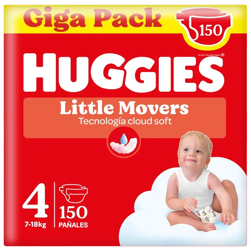 Huggies Little Movers Tamanho 4 (7-18 Kg) Fralda de bebé Disney, 150 unidades.